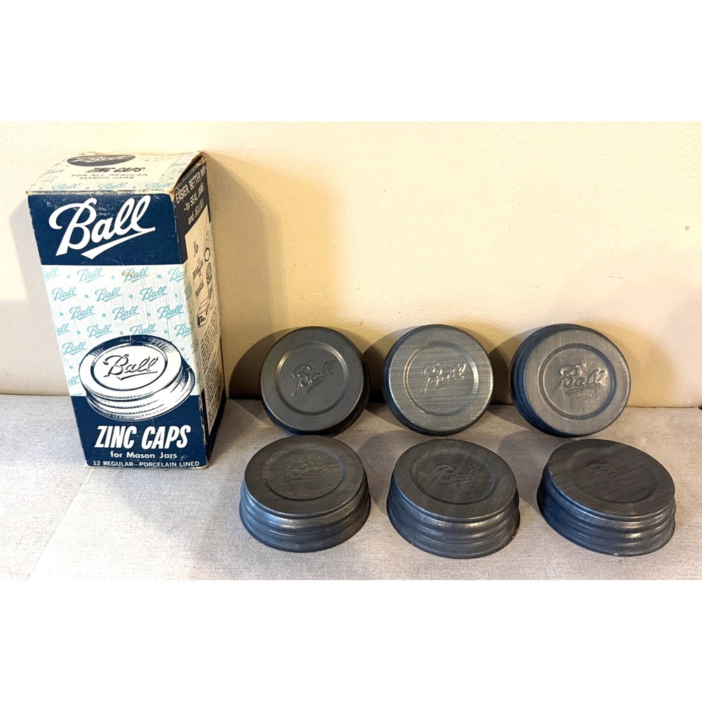 6 Vintage BALL ZINC METAL CANNING JAR LIDS - NEW Unused Condition -Orig Box 1975